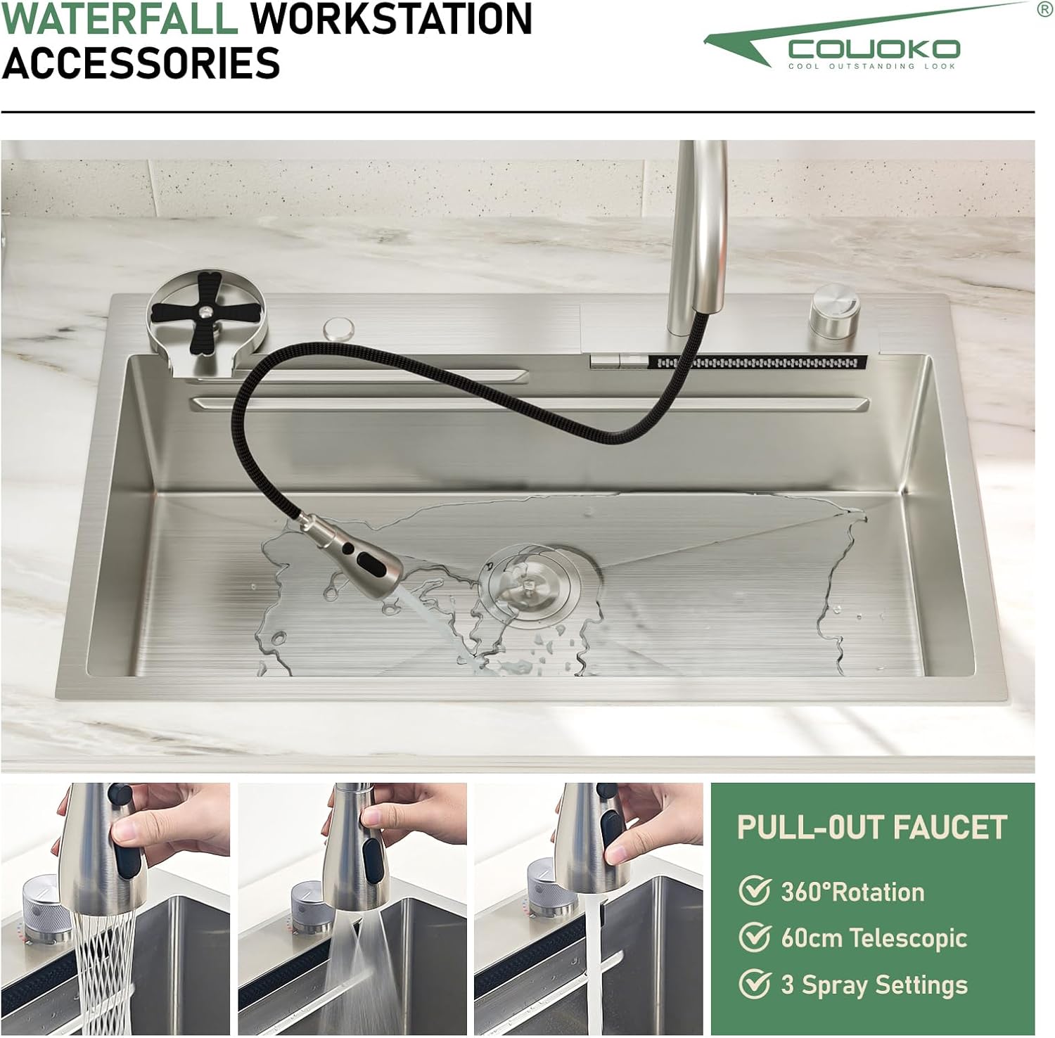33 Inch Drop In Waterfall Kitchen Sink Workstation Smart 16 Gauge Stainless Steel Single Bowl Waterfall Sinks with Faucet Combo and Cup Washer Set