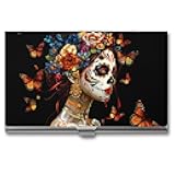 Day of The Dead Skull Woman Monarch Butterfly Business Card Case Portable Name Card Holder Professional Pocket Metal Case for Men Women
