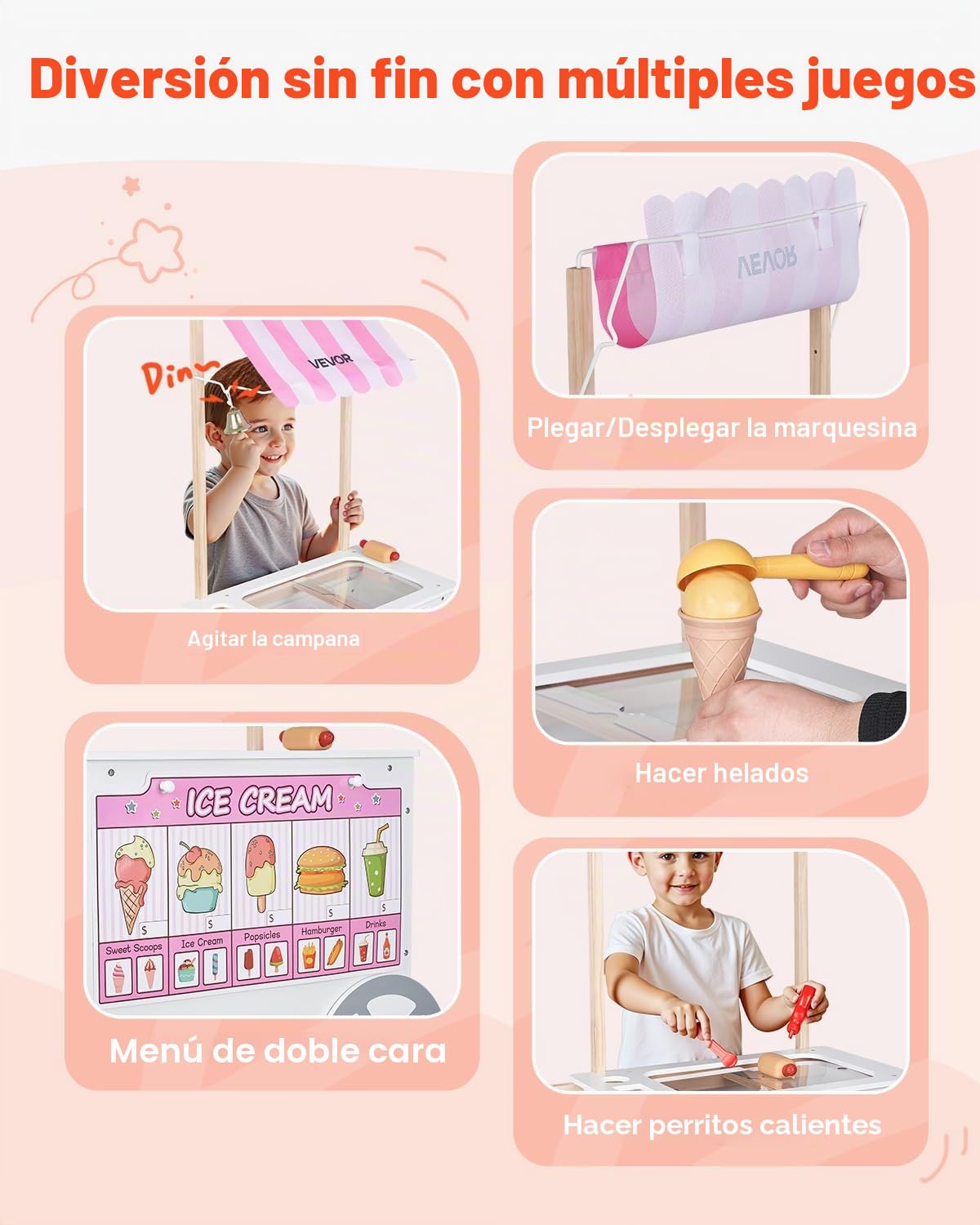 VEVOR Carrito de Helados, Más de 20 Accesorios, Juego de Simulación de Heladería, Cocina, Juguetes con Helado y Paleta, Toldo y Congelador, Cajones, para Niños de 3 a 7 Años, 747 x 350 x 1220 mm