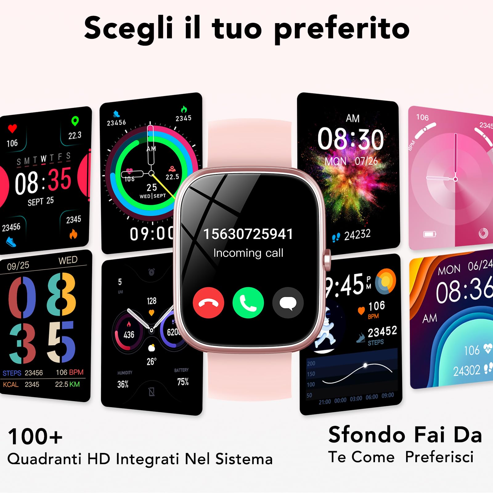 Smartwatch Uomo Donna, 1.91" Orologio Smartwatch con Effettua/Risposta Chiamate 110+ Sportive Smart Watch con Sonno/Cardiofrequenzimetro/Contapassi, Impermeabile IP68, Fitness Tracker per Android Rosa