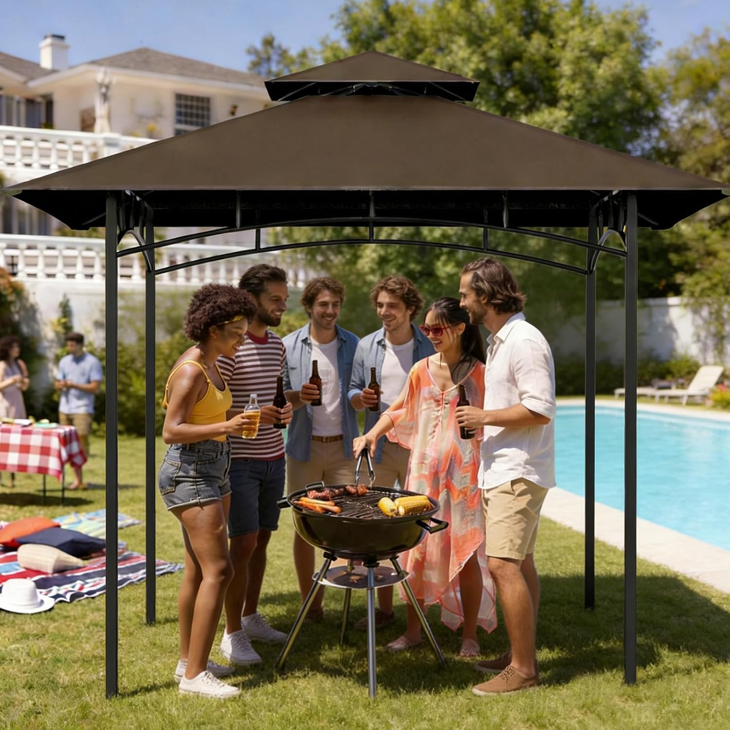 Grill Gazebo Replacement Roof, 5x8ft Outdoor BBQ Gazebo Canopy Cover, Double Tiered Grill Gazebo Replacement Roof for #L-GG001PST-F (Brown)