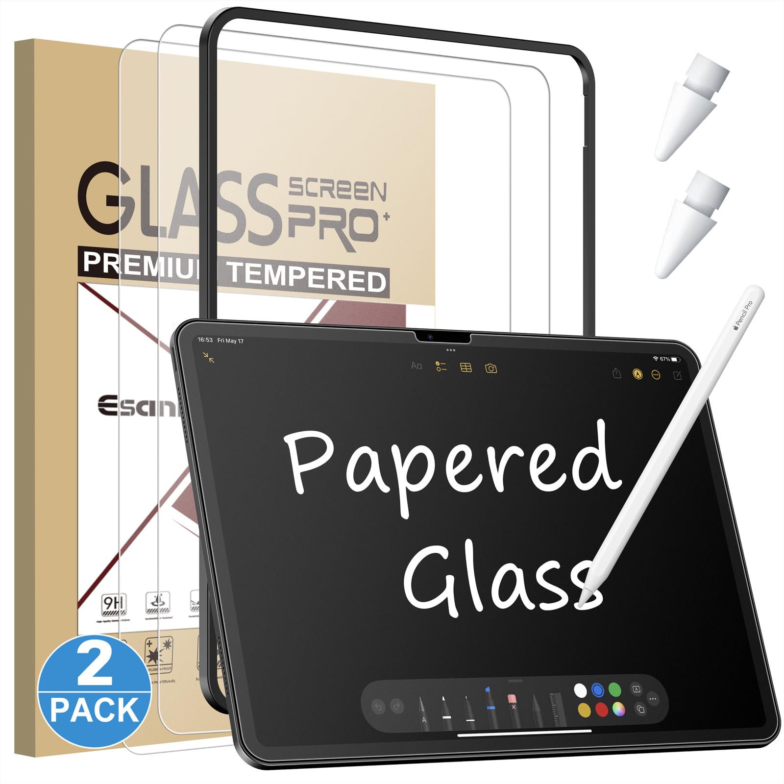 Esanik 9H Feel Like Paper für iPad Air 13 Zoll (M4 2026/ M3 2025/ M2 2024) für Panzerglas Papierfolie, Matt Schutzglas Mit Pencil Spitze, 9H Schreibfolie (2+2 Stück)