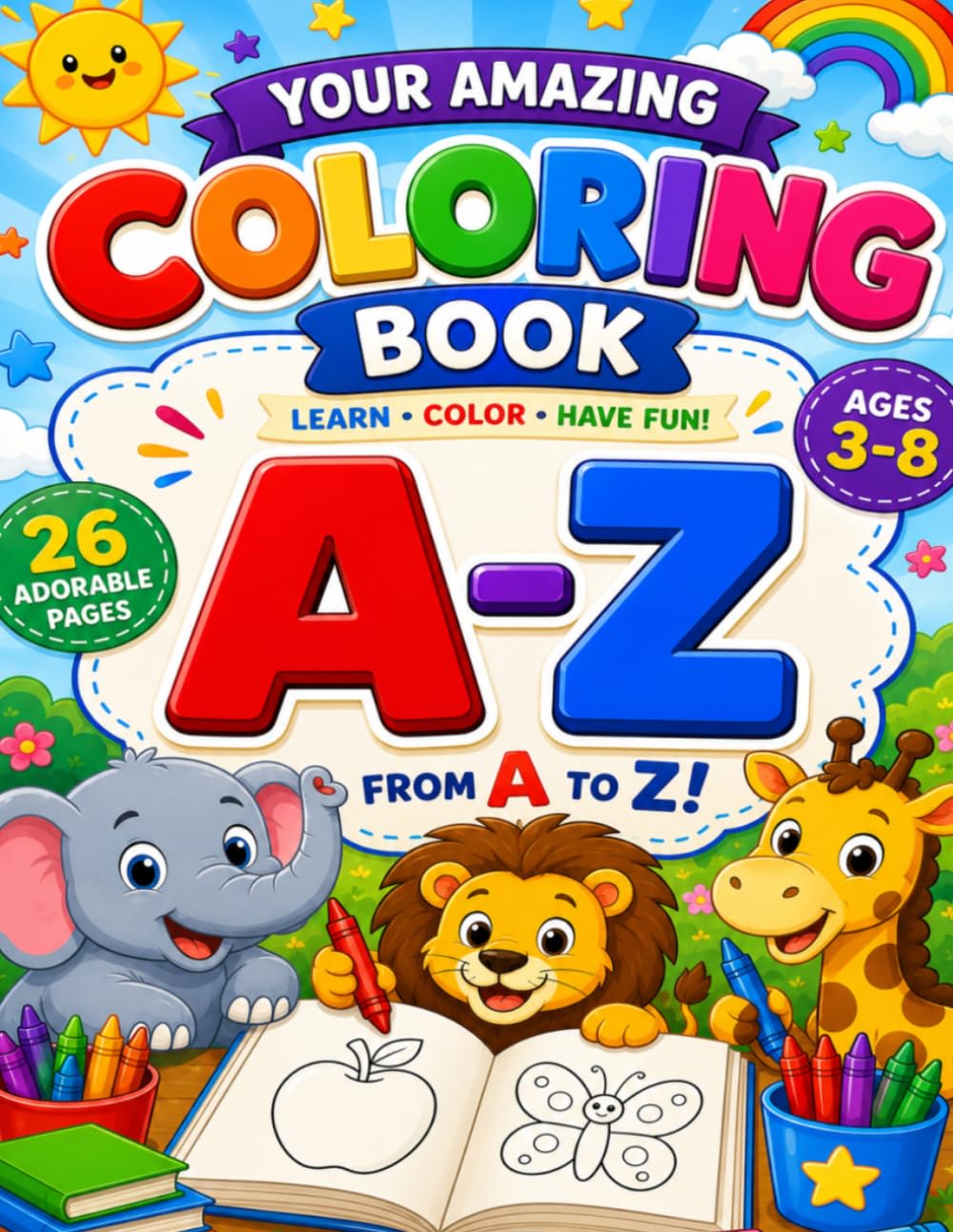 A-Z Coloring Book for Kids Ages 3-8: 26 Fun Animal & Object Coloring Pages with Color Examples for Preschool, Kindergarten, and Early Learners