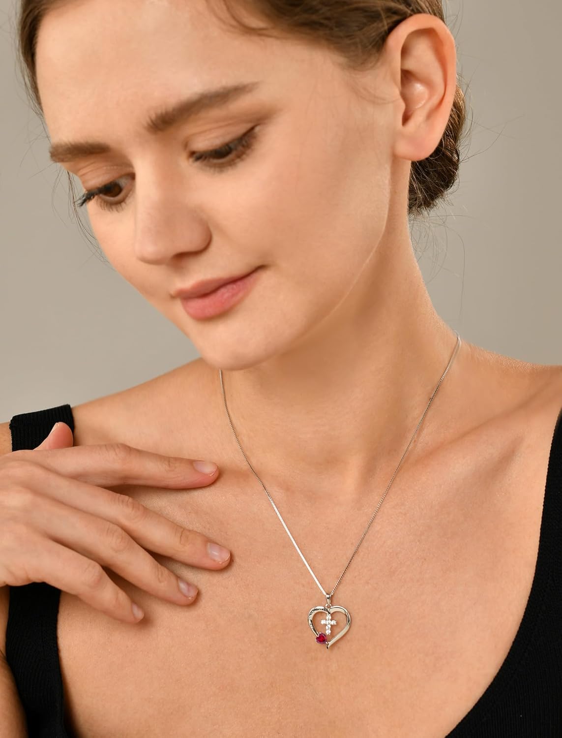 YL Women's Heart Cross Necklace 925 Sterling Silver Birthstone Pendant God in My Heart Jewelry - Image 3