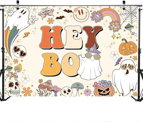 Miniatura 3 de Mocsicka Hey Boo - Telón de fondo Groovy para Halloween, decoración de fiesta de baby shower, lindo fondo de calabazas de Halloween, baby shower,