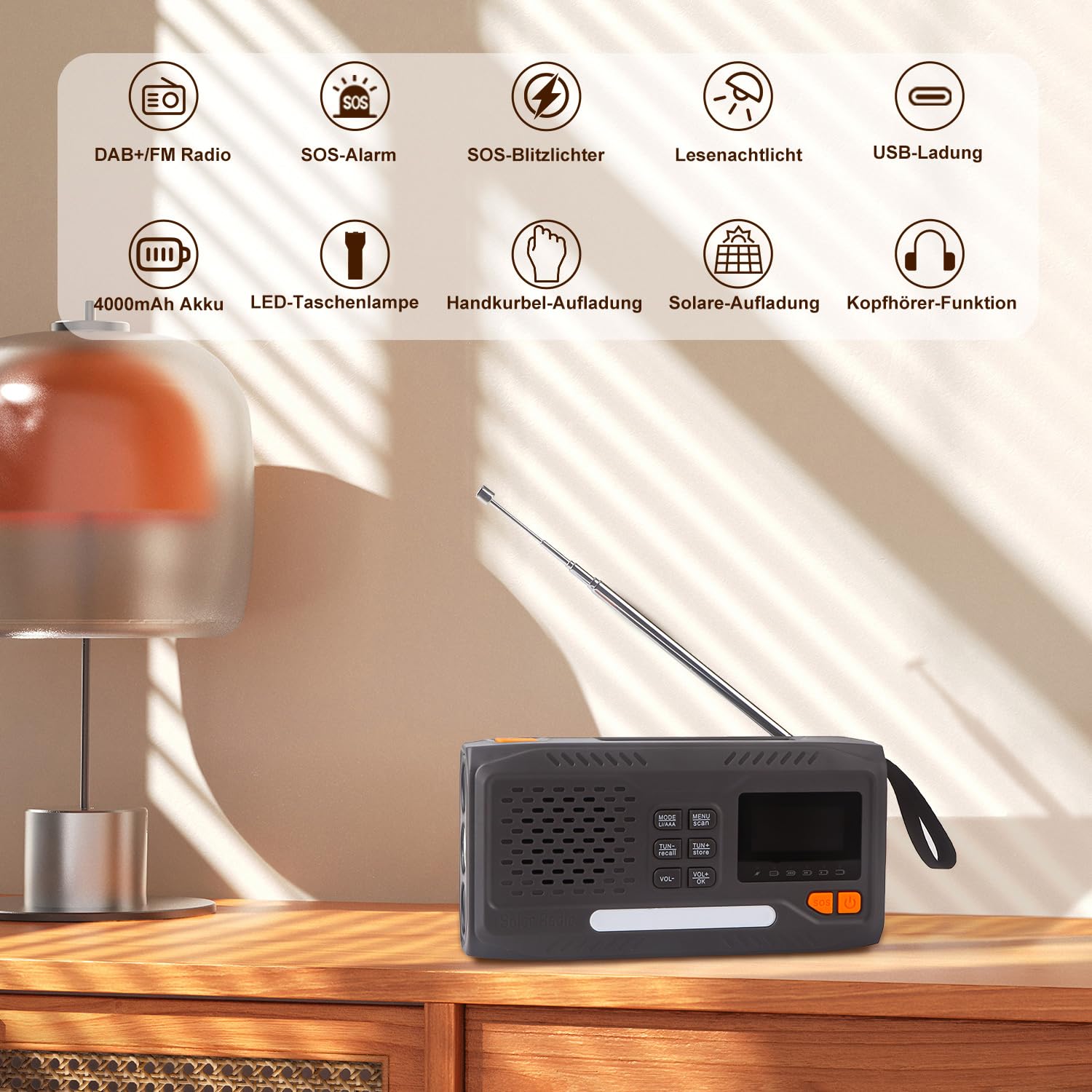 Radio de emergencia, radio de manivela, radio solar portátil FM/DAB+/DAB con batería externa de 4000 mAh, cargador de teléfono, carga USB, manivela, alarma SOS, linterna de 3 modos, para