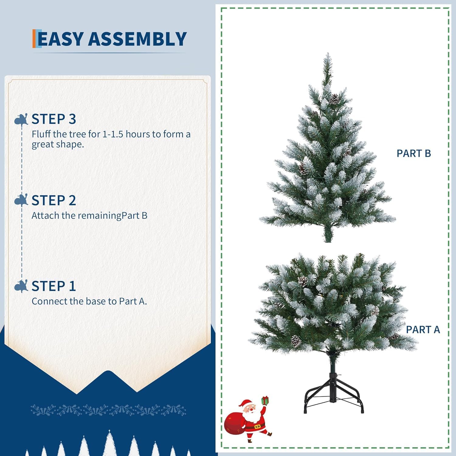 4.5FT Pre-Lit Flocked Artificial Christmas Tree with Pine Cones, Hinged Branches – Full, Natural-Looking Xmas Tree, Snow Flocked, Ideal for Home, Office, Party Holiday Decoration