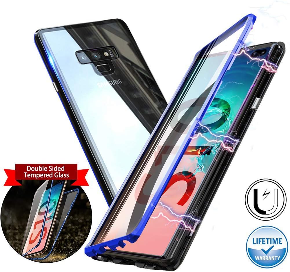 Magnetic Case for Samsung Galaxy Note 9,Double-Sided Clear Tempered Glass Hard Back Cover [with Built-in Magnets Metal Bumper Frame],360° Full Protection Ultra Slim Case for Note 9 6.4"[Blue&Black]