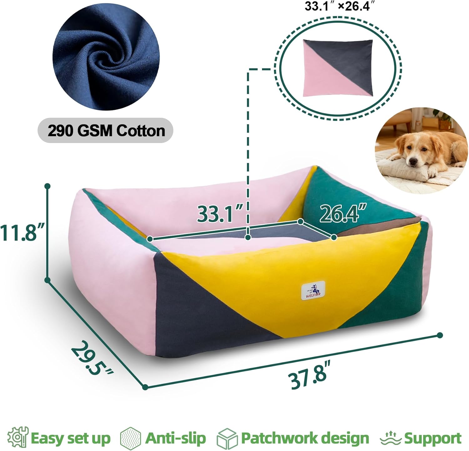 290 GSM Cotton Canvas Dog Couch Bed, Washable Removable Cover, Tough Bolster with Supportive Chopped Foam, Anti-Slip Bottom (Large)