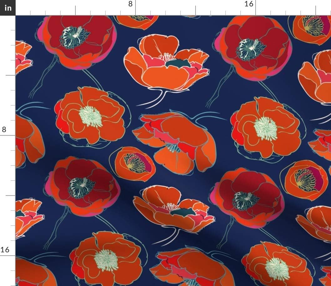 Spoonflower Fabric - Poppy Navy Red Floral Botanical Summer Blue Flower Print Flowers Printed on Petal Signature Cotton Fabric by The Yard - Sewing Quilting Apparel Crafts Decor