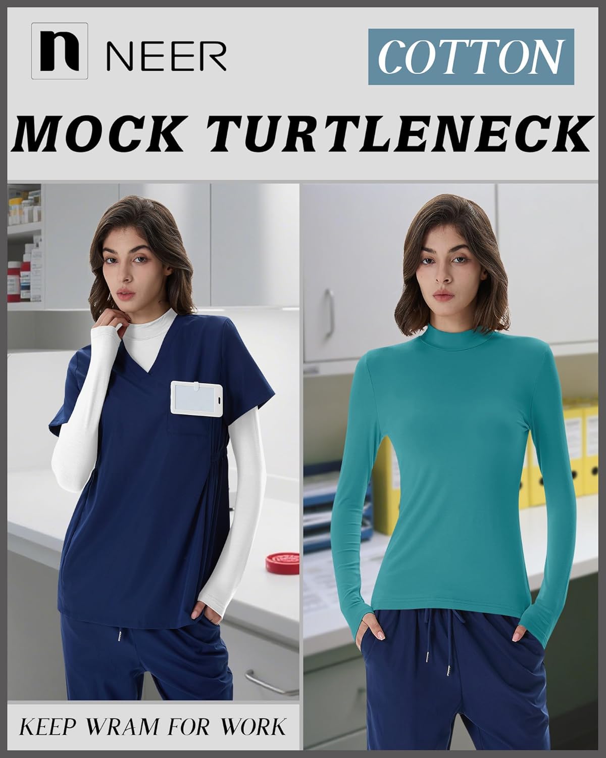 Neer 3 Pack Women's Underscrubs Long Sleeve Shirts Mock Turtleneck Slim Fit Scrub Top Basic Tee Undershirt for Nurse - Image 3