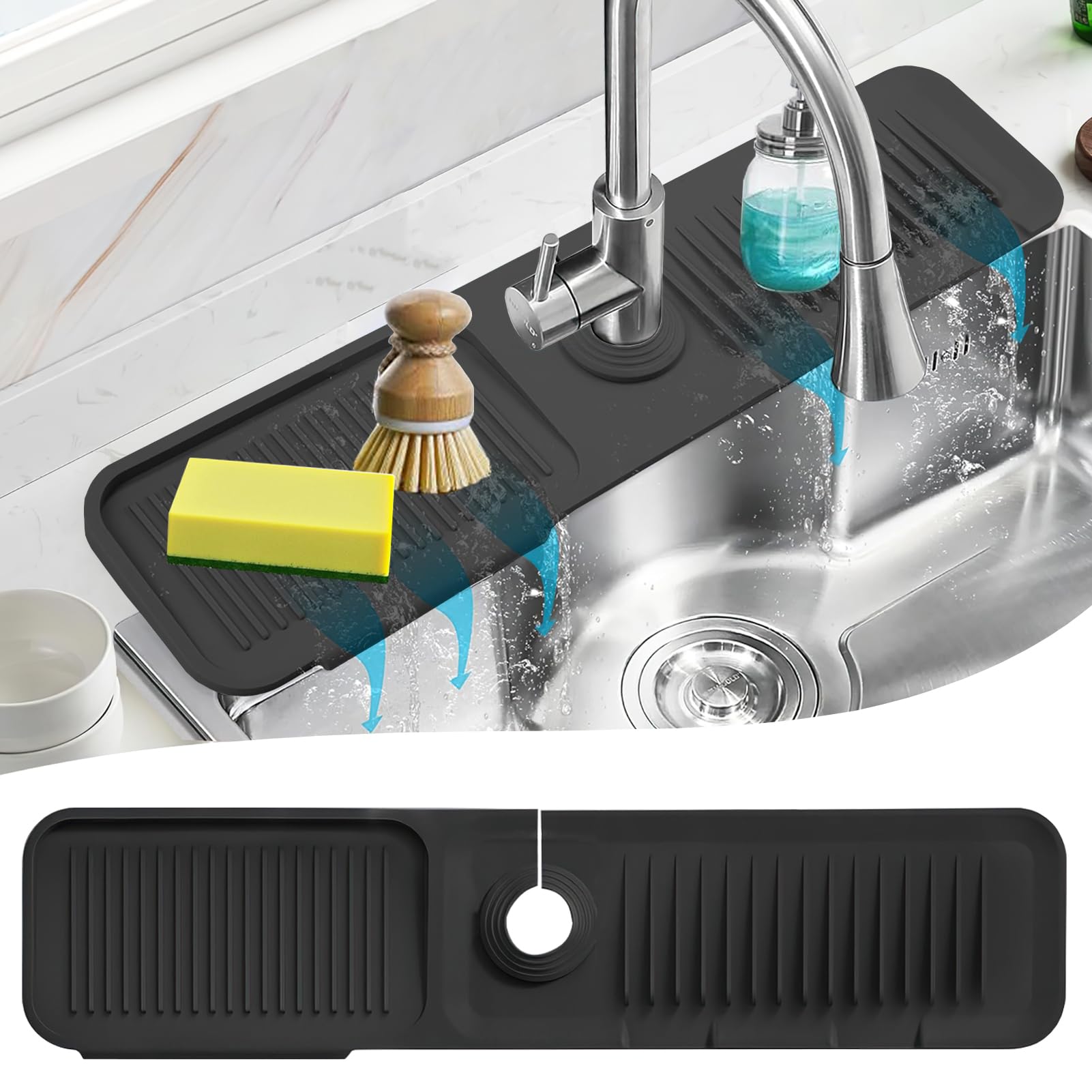 Leaysoo Kitchen Sink Splash Guard, 24" Silicone Faucet Draining Mat for Kitchen Sink Accessories Handle Drip Catcher Tray Mat Sink Water Splash Guard Behind Faucet (Black)