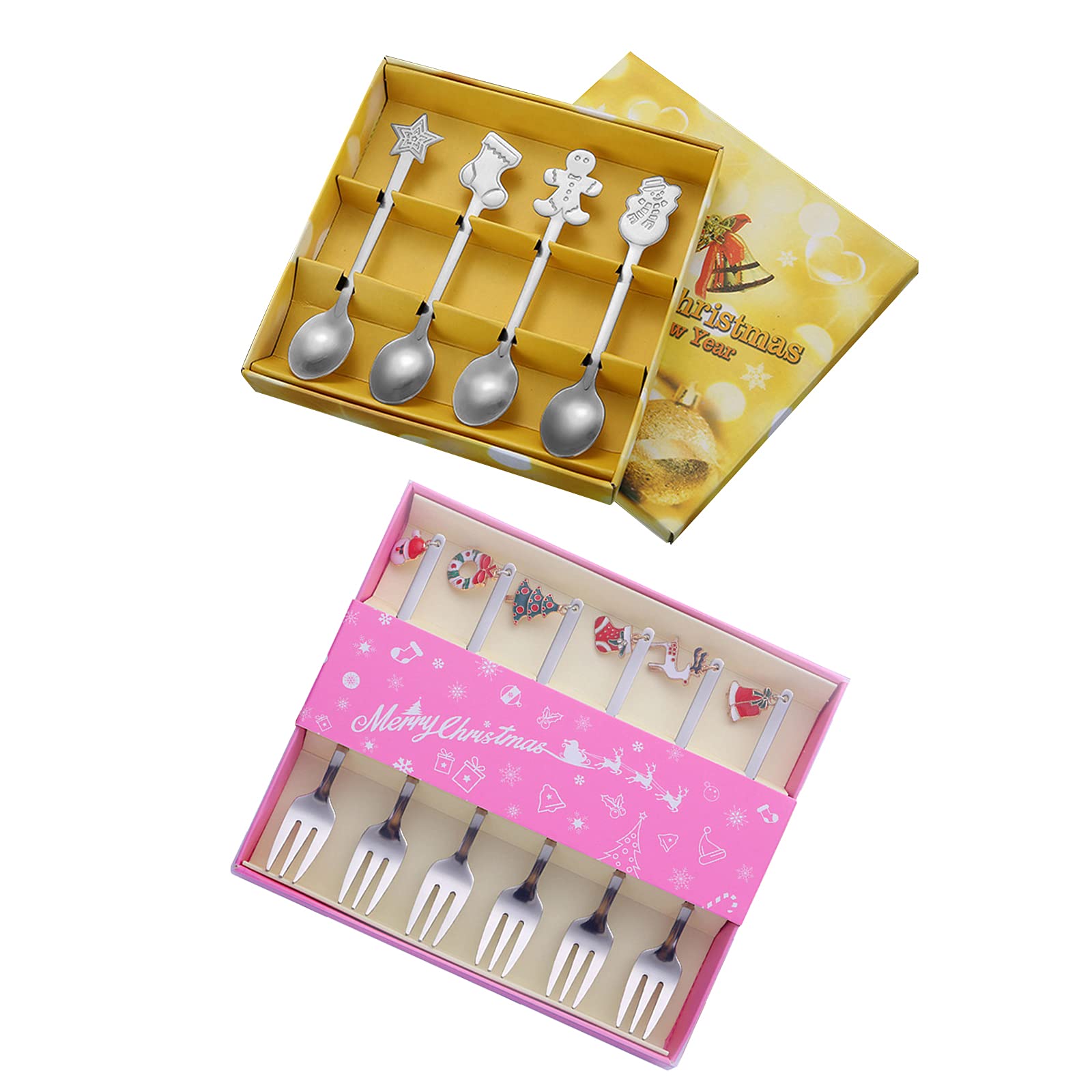 Christmas Stainless Steel Spoon and Fork Set,Salad Forks Set of 6, 4 Pack Christmas Coffee Spoon Set, Dessert Spoon and Fork Set,Kitchen Tableware (Silver)