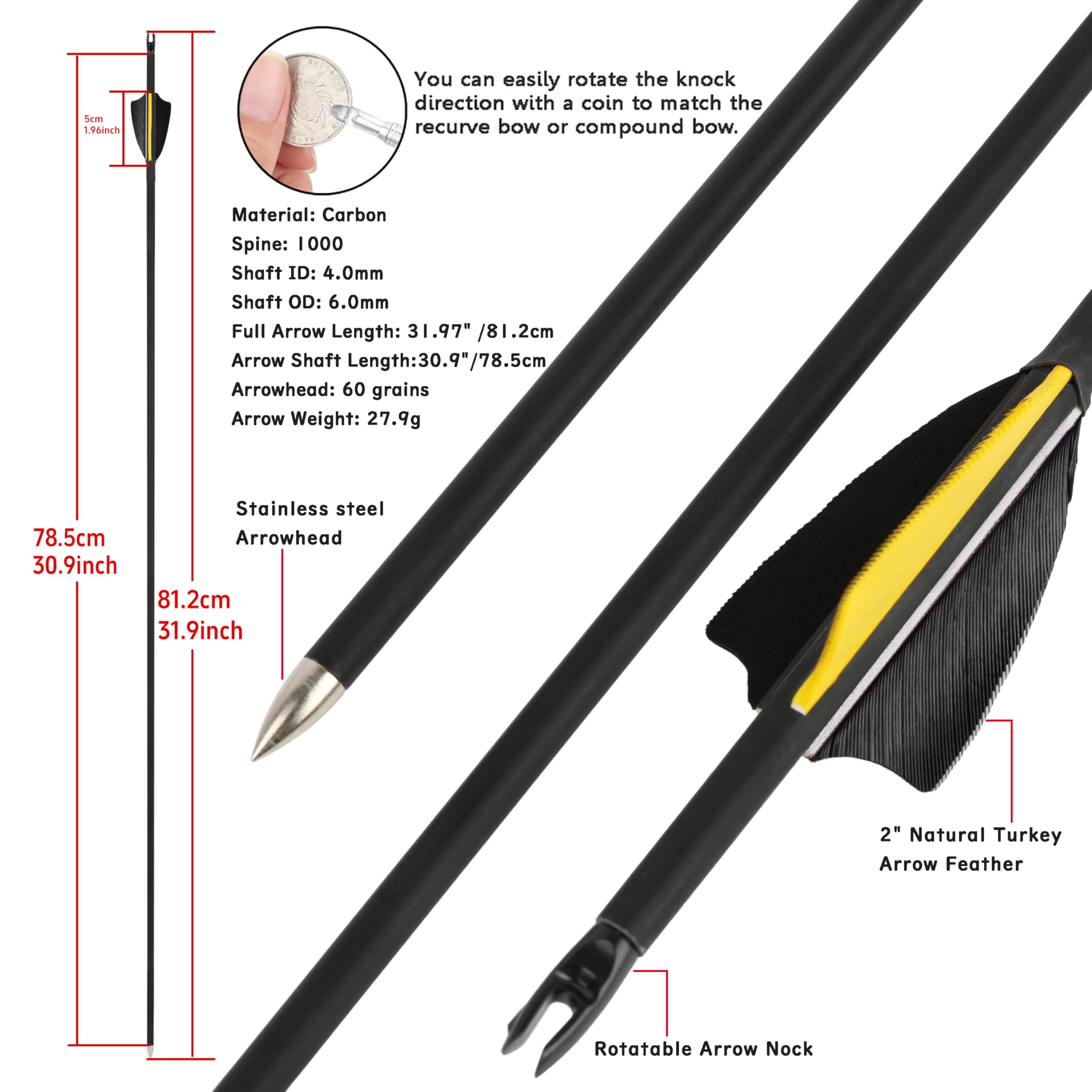 32 "Frecce in Carbonio Spine1000 Frecce da Pratica di tiro con L'Arco OD6.0mm Frecce da Caccia per Archi ricurvo e Composto 12pcs