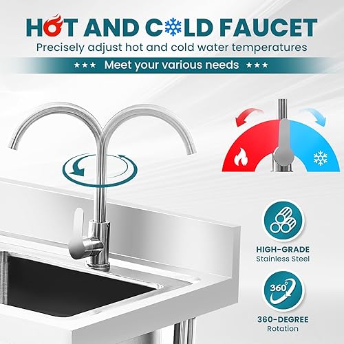 Miniatura 4 de Fregadero utilitario de acero inoxidable de pie individual para lavandería, fregadero de cocina comercial al aire libre con tubo frío caliente para