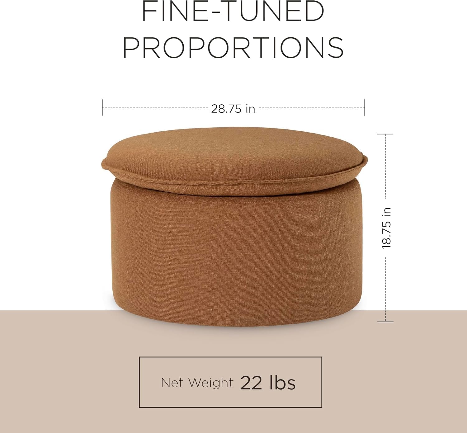 Maven Lane Lyra Contemporary Large Round Upholstered Ottoman, Cushioned Footrest for Living Room Couch, Chair, or Dorm Room in Clay Fabric Upholstery