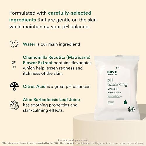 Miniatura 5 de Love Wellness Toallitas de equilibrio de pH para mujer, higiene femenina para limpieza con aloe vera, salud íntima sin fragancia, hidratante,