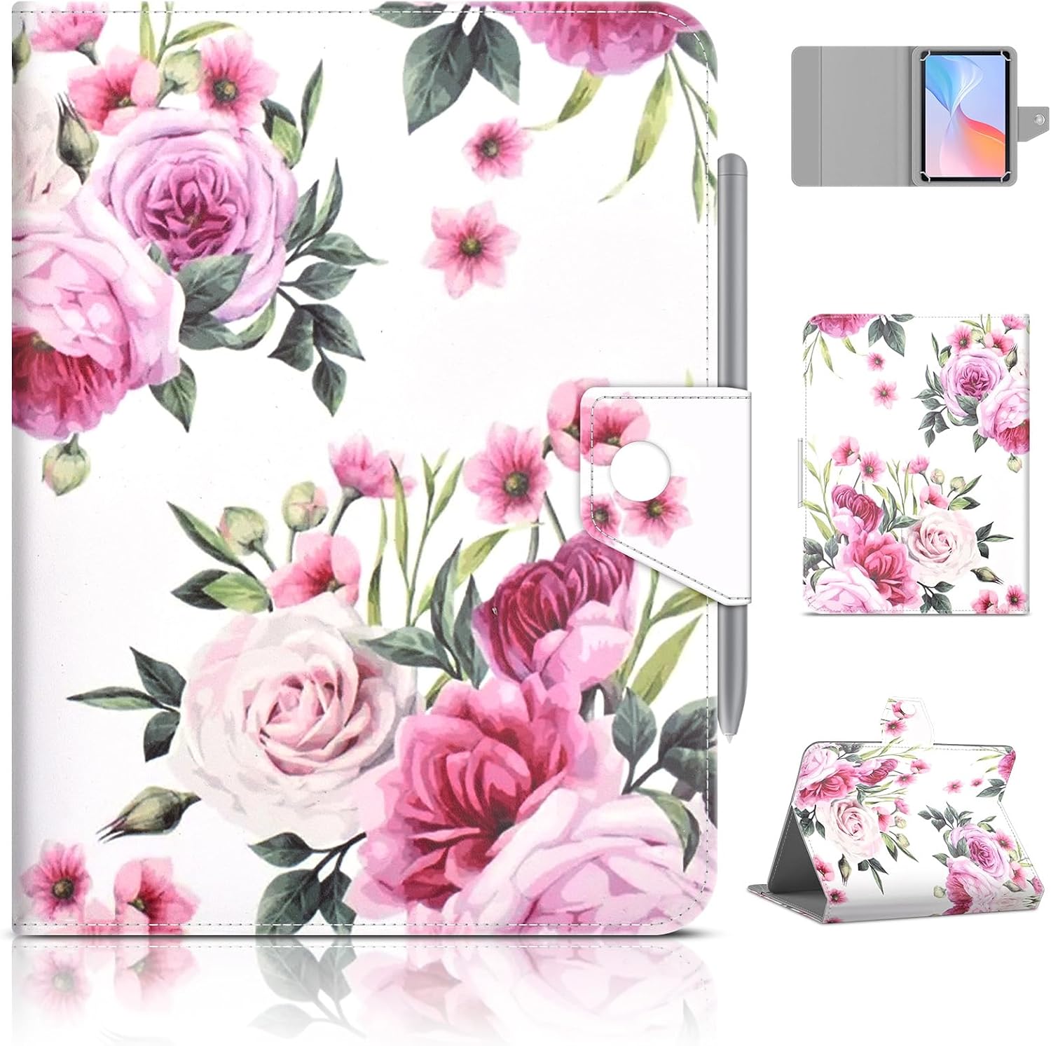 DETUOSI Universal 8 Inch Tablet Case Wth Pencil Holder, Pink Roses