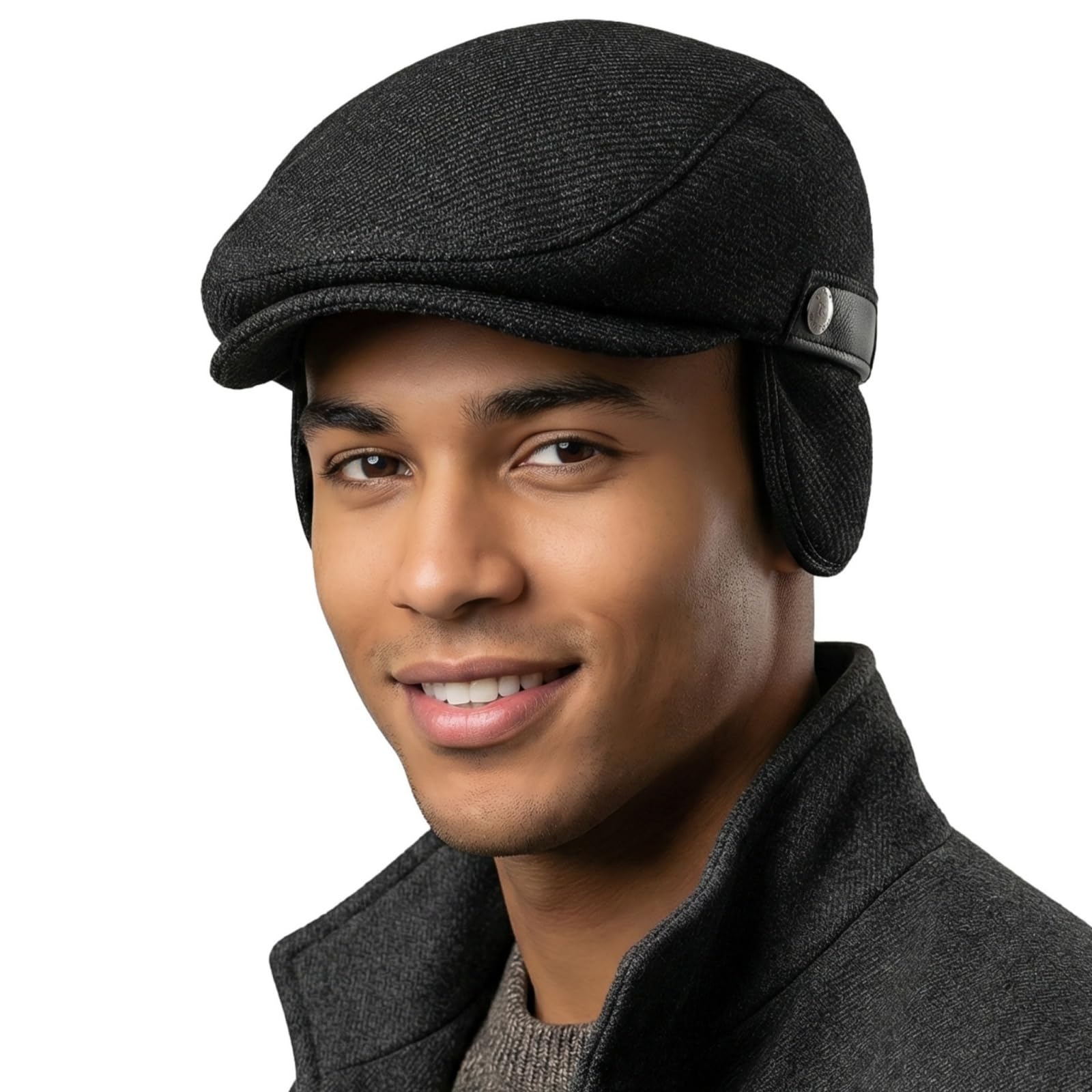 HIQIU Verstellbare Schiebermütze Herren Winter Warme Barett Cap - Flatcap Herren Schirmmütze Winter Newsboy Cap mit Versteckte Ohrenklappen