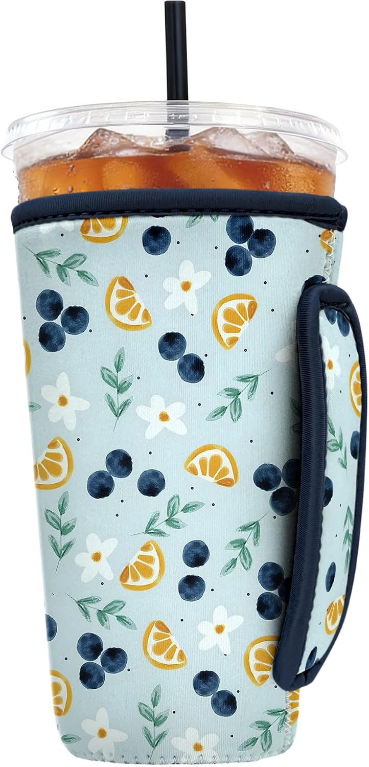 Reusable Insulated Neoprene Iced Coffee Sleeve with Handle, Coffee Cup Holder for Hot & Cold Drinks, Universal Fit 16–32oz Cups, Bottles & Tumblers - Berry Citrus L