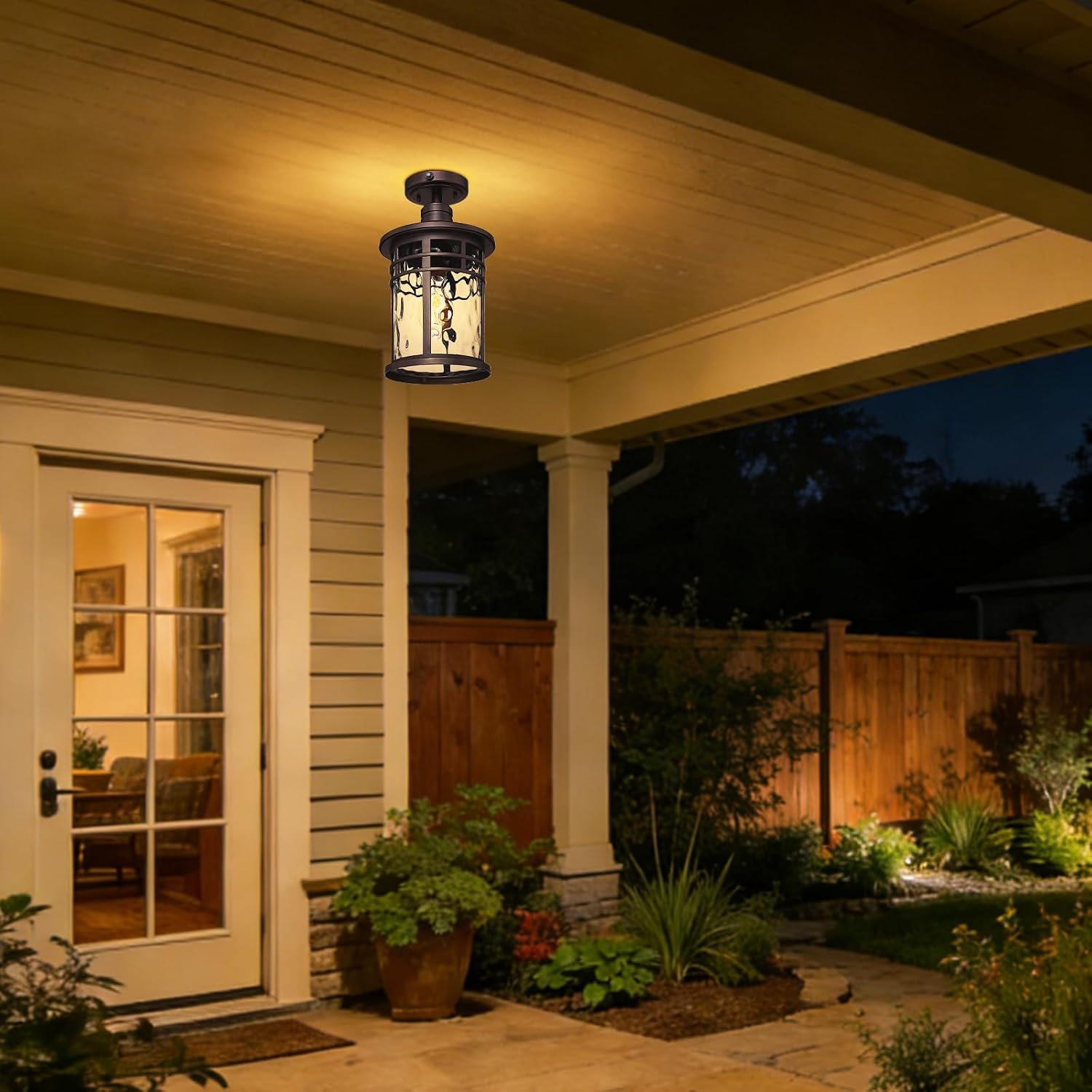 Darkaway Semi Ceiling Light Fixtures, Dusk to Dawn Flush Mount 14.37inch Large Ceiling Lighting with Waterproof Water Ripple Glass Shade for Outdoor Hallway Porch Entryway