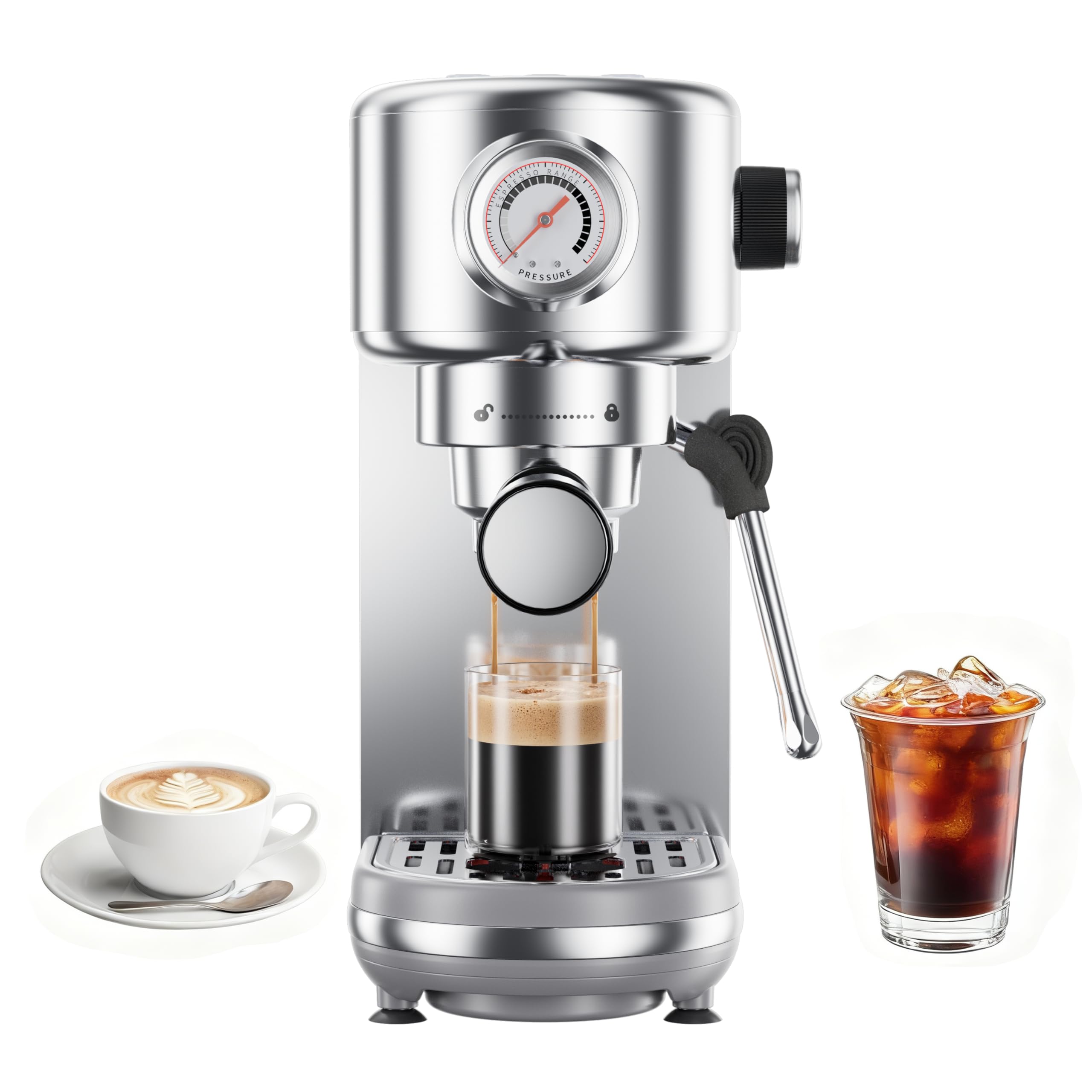 Espresso Machine Upgrade, 20 Bar Compact Espresso Coffee Machine with Milk Frother, Stainless Steel Coffee Maker with 44oz Removable Water Tank & Fast Heat System for Cappuccino, Latte