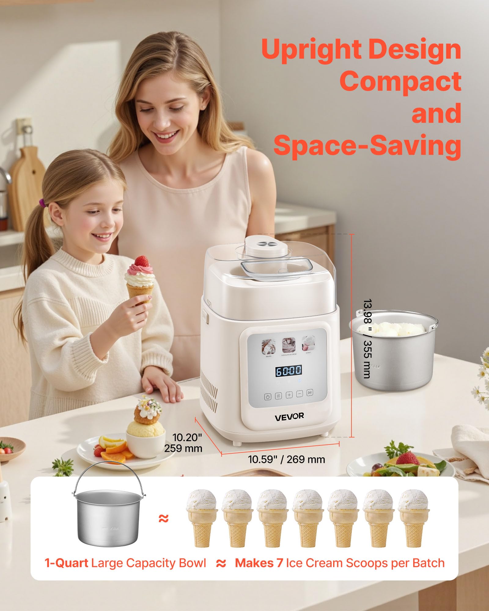 VEVOR Gelatiera Automatica Verticale con Compressore Integrato, Macchina per Gelato Senza Precongelamento da 1 L Sorbettiera Elettrica a 4 Modalità, Macchina per Gelato con Compressore per Casa