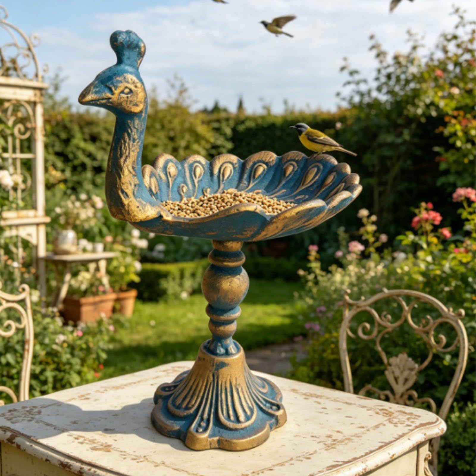 Vogelhalter für den Garten, Gusseisen, Vintage-Futterstation inspirierter Akzent für Terrasse, Hof, Tisch-Display mit Sockel, Ständer, Vogeltablett, antikes Dekor, Innenhof-Ornament-Regal