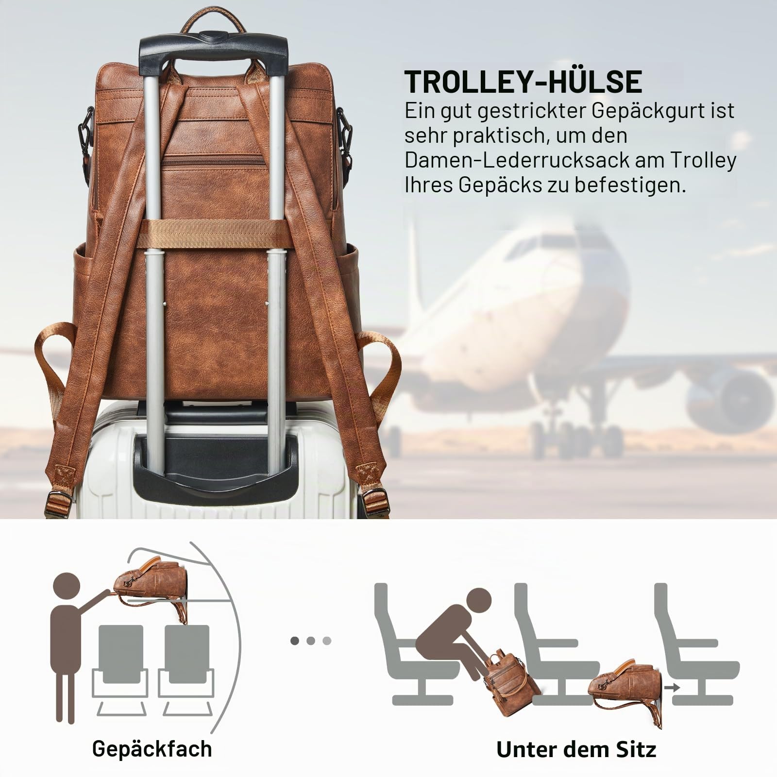 Shrrie 15,6 Zoll Laptop-Rucksack für Damen – Großer Reiserucksack aus Leder, wasserabweisend, für Freizeit, Uni, Arbeit, Handgepäck-Zweifarbiges Braun