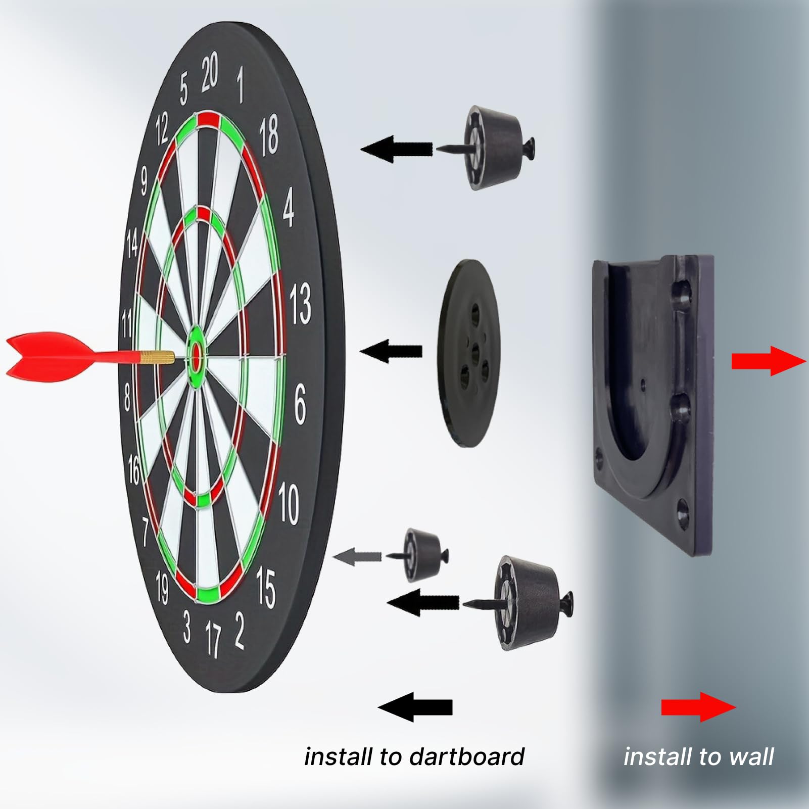 Soporte práctico para objetivos de dardos – Conjunto robusto y versátil para Dardos de varilla de acero, incluye todo el material de montaje necesario – ideal para dardos o clubes
