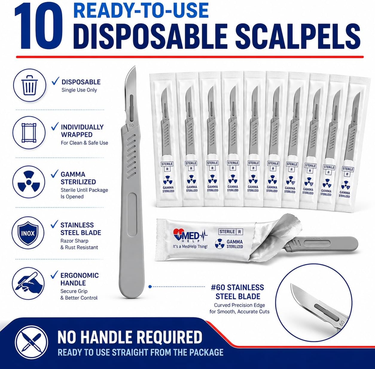 MedHelp Disposable Scalpels #60, 10 Pack | Sterile Individually Wrapped Blades, Ergonomic Plastic Handles, Razor-Sharp Precision Scalpels for Crafts and Cutting