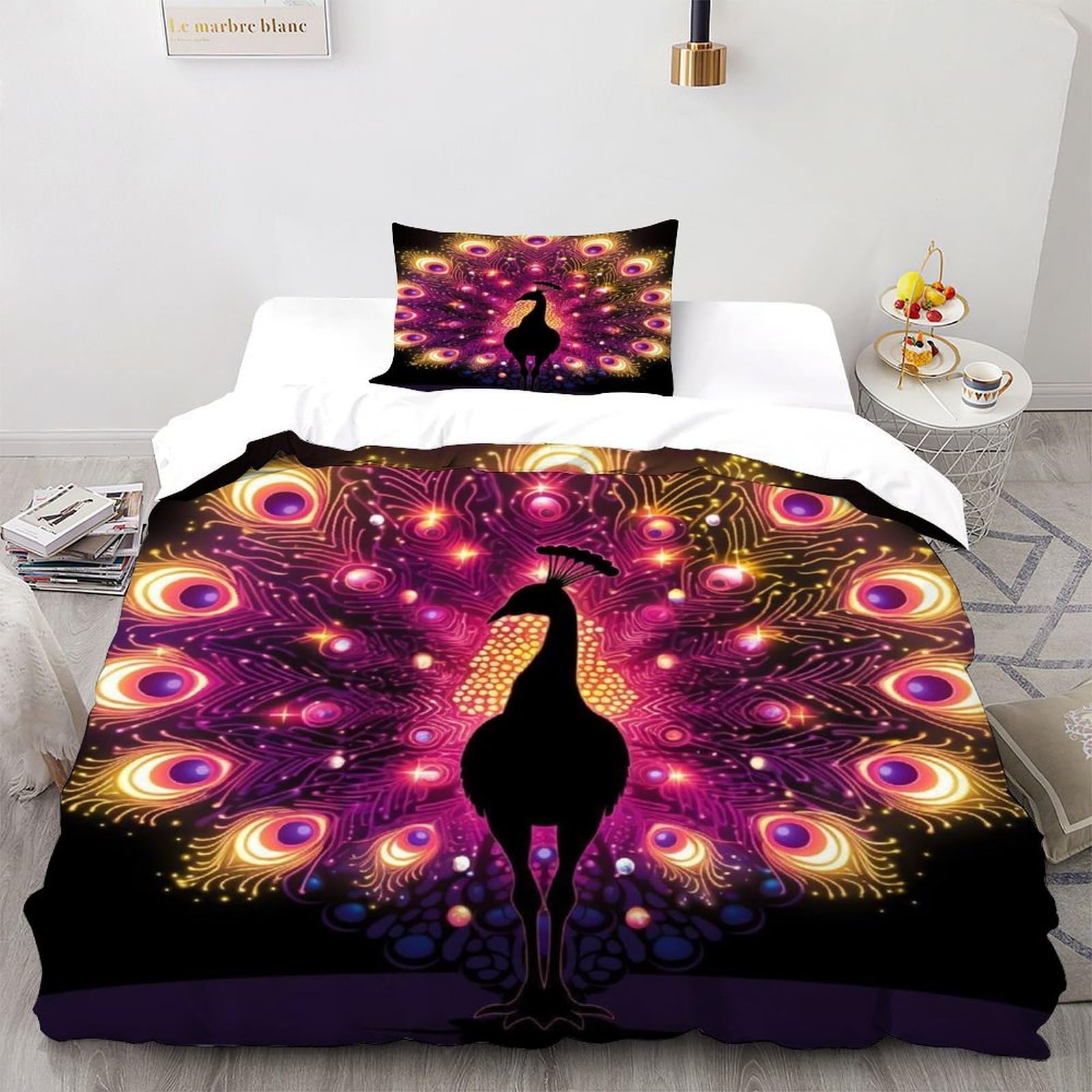 Parure de couette paon en microfibre 135x200cm pour lit une personne