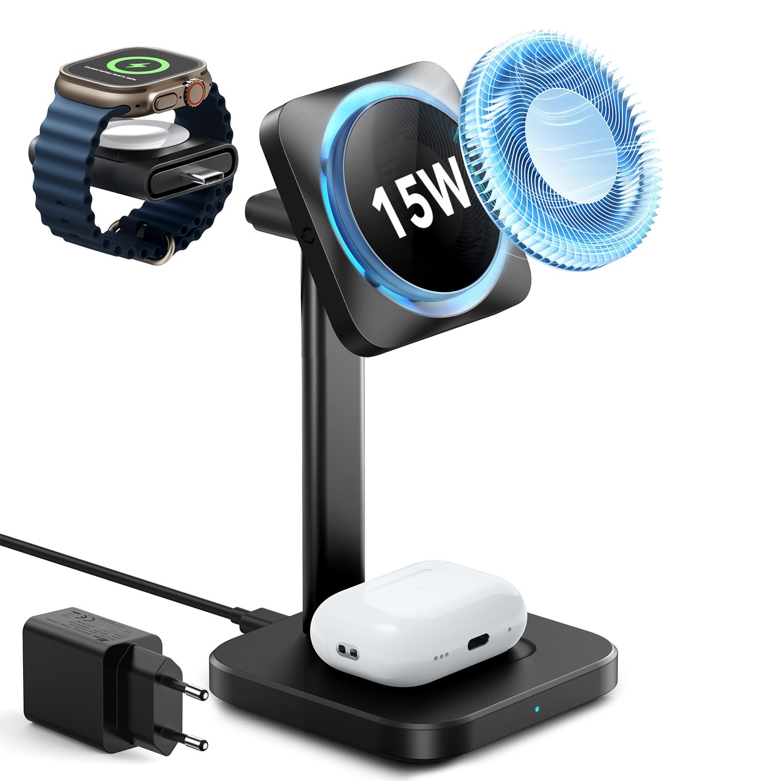 ESR Cargador Inalámbrico 3 en 1 15W, 15W Wireless Charger Rápido Soporte con CryoBoost, para iPhone 17/16/15/14/13, Watch/AirPods