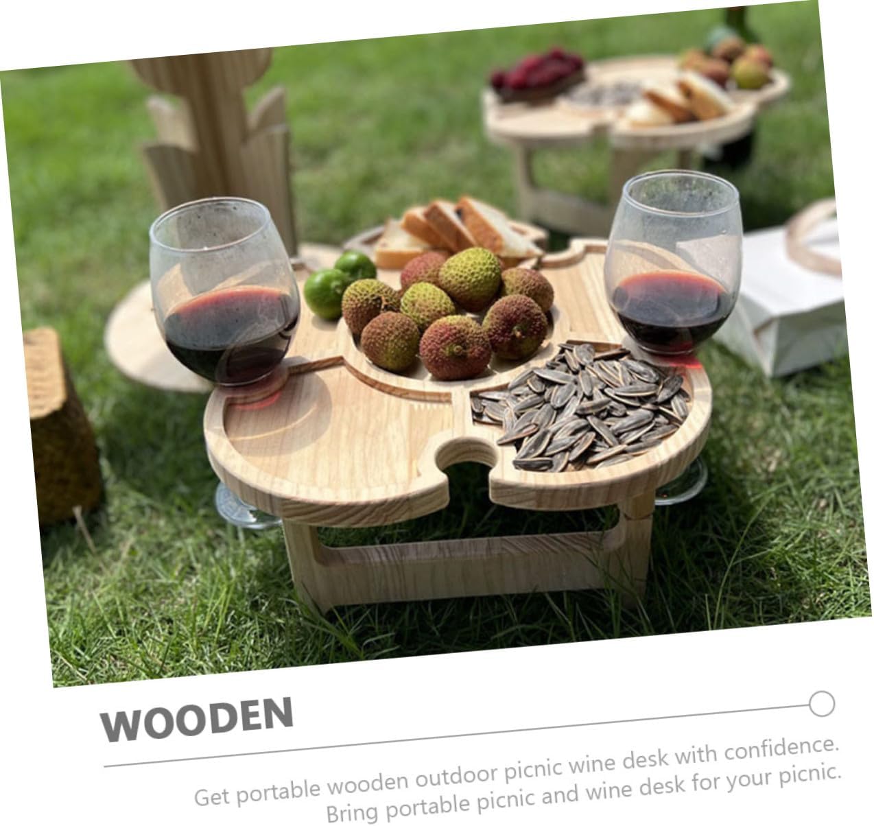 Portable Foldable Wine Table Wooden Picnic Table Outdoor Beach Travel Beverage Desk with Tray 35cm Diameter for Camping and Barbecue