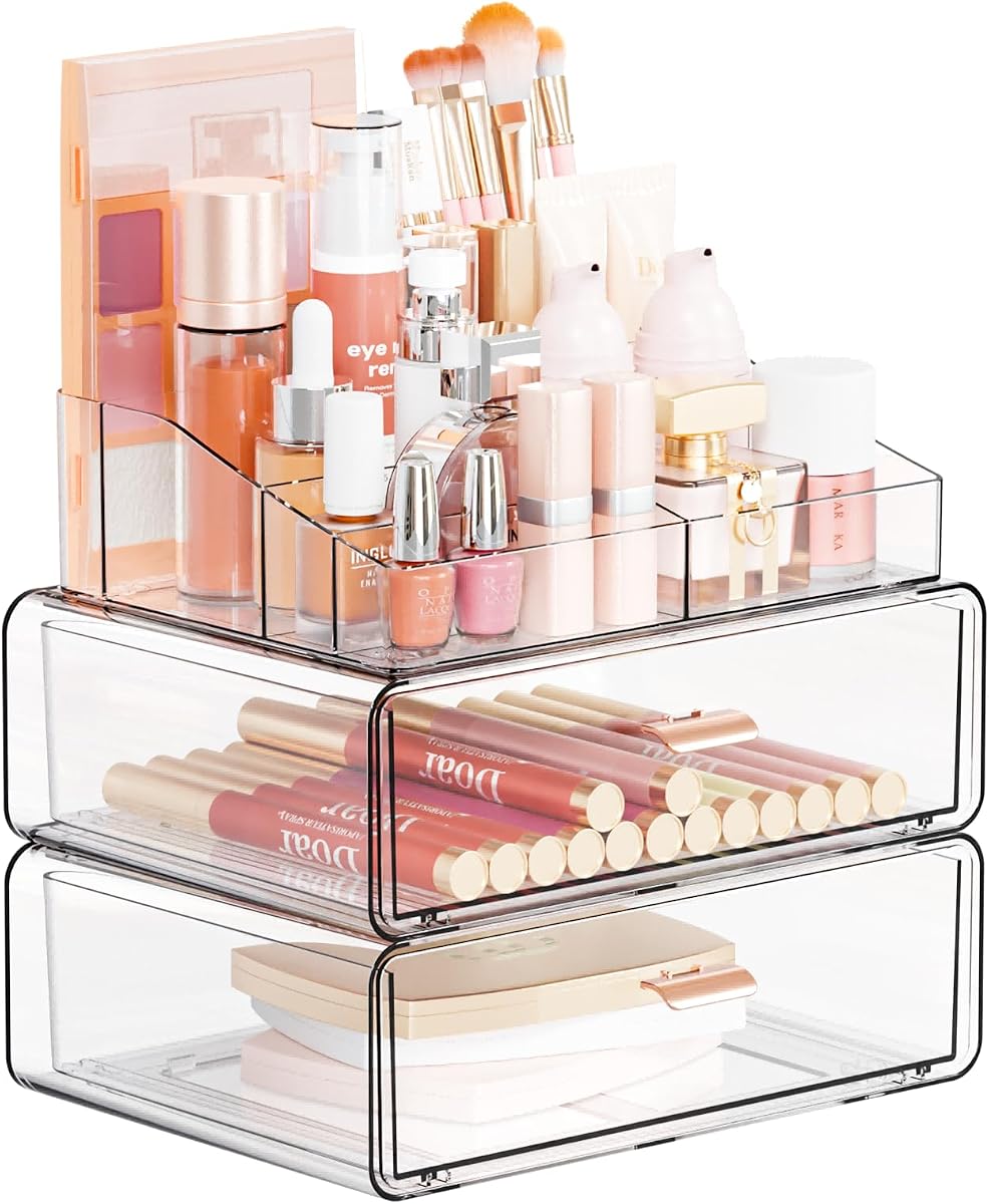 Clear Acrylic Makeup Organizers Countertop for Dresser,Desk,Bathroom Vanity,3 Tier Stackable Make up Holders and Makeup Cabinet,Tiered Cosmetic Storage and Make up Containers for Palette,Brush