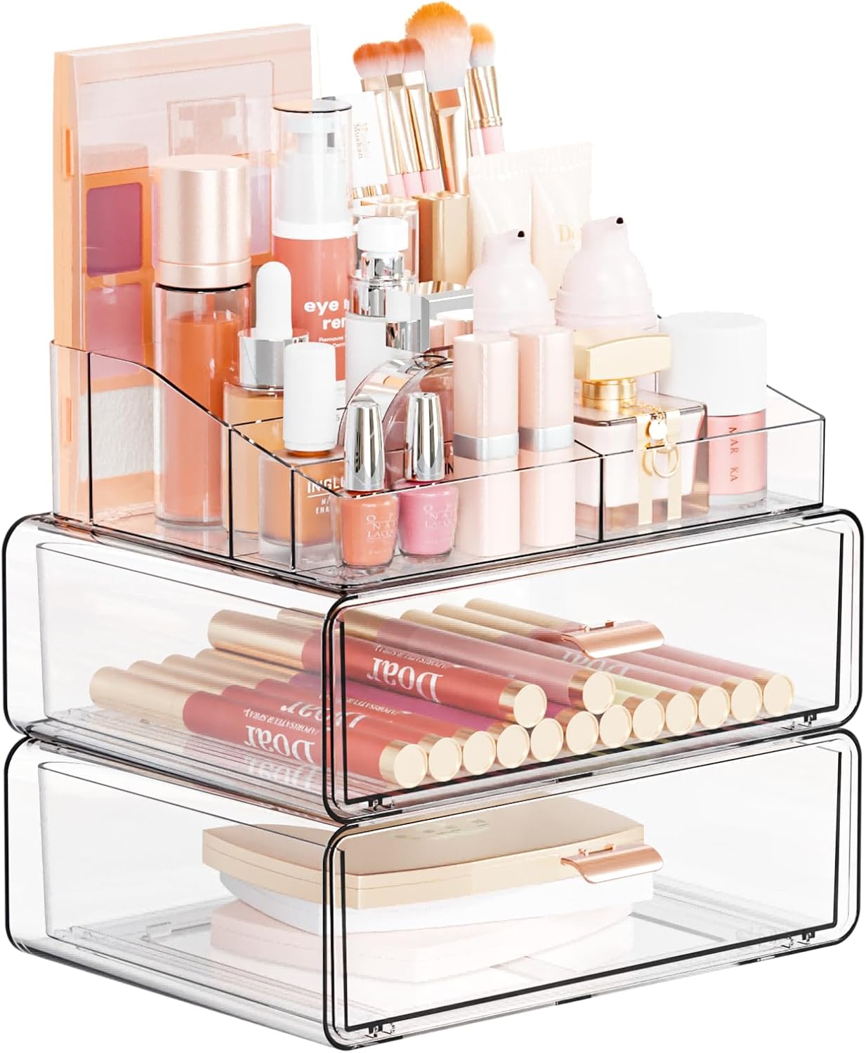 Yieach Clear Acrylic Makeup Organizer Countertop With Drawer,3 Tier Large Skincare Organizer for Vanity,Plastic Bathroom Cosmetic Storage Organizer for Lipstick,Makeup Brush,Palette,Beauty Products