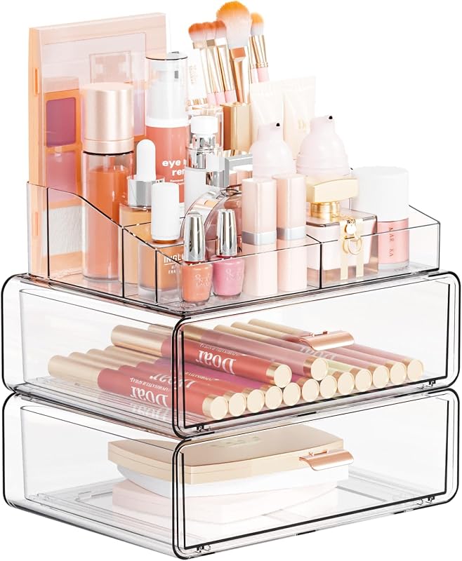 Clear Acrylic Makeup Organizers Countertop for Dresser,Desk,Bathroom Vanity,3 Tier Stackable Make up Holders and Makeup Cabinet,Tiered Cosmetic Storage and Make up Containers for Palette,Brush