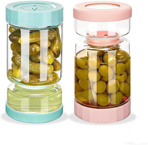 ZENS Tarro de pepinillos con colador, contenedor separador de jugo de pepinillo de reloj de arena de 37 onzas, tapa hermética a prueba de fugas,