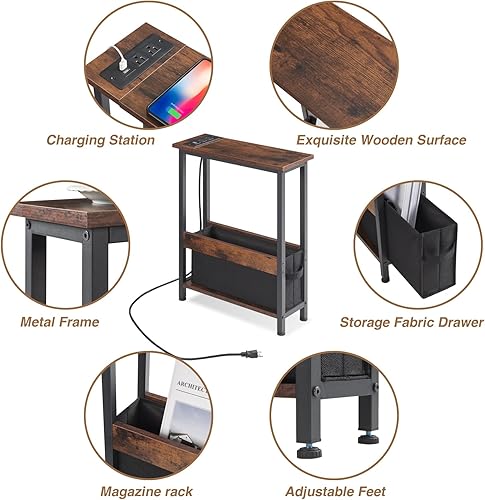 Miniatura 8 de Mesa auxiliar estrecha con estación de carga y cajón de almacenamiento, mesa auxiliar pequeña para espacios pequeños, mesa auxiliar delgada con