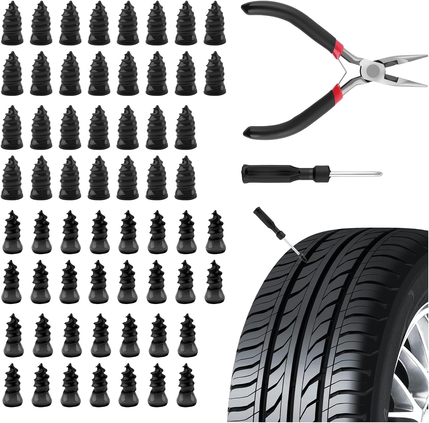 60 PCS Car Tire Repair Rubber Nail Kit with Pliers/Screwdrivers