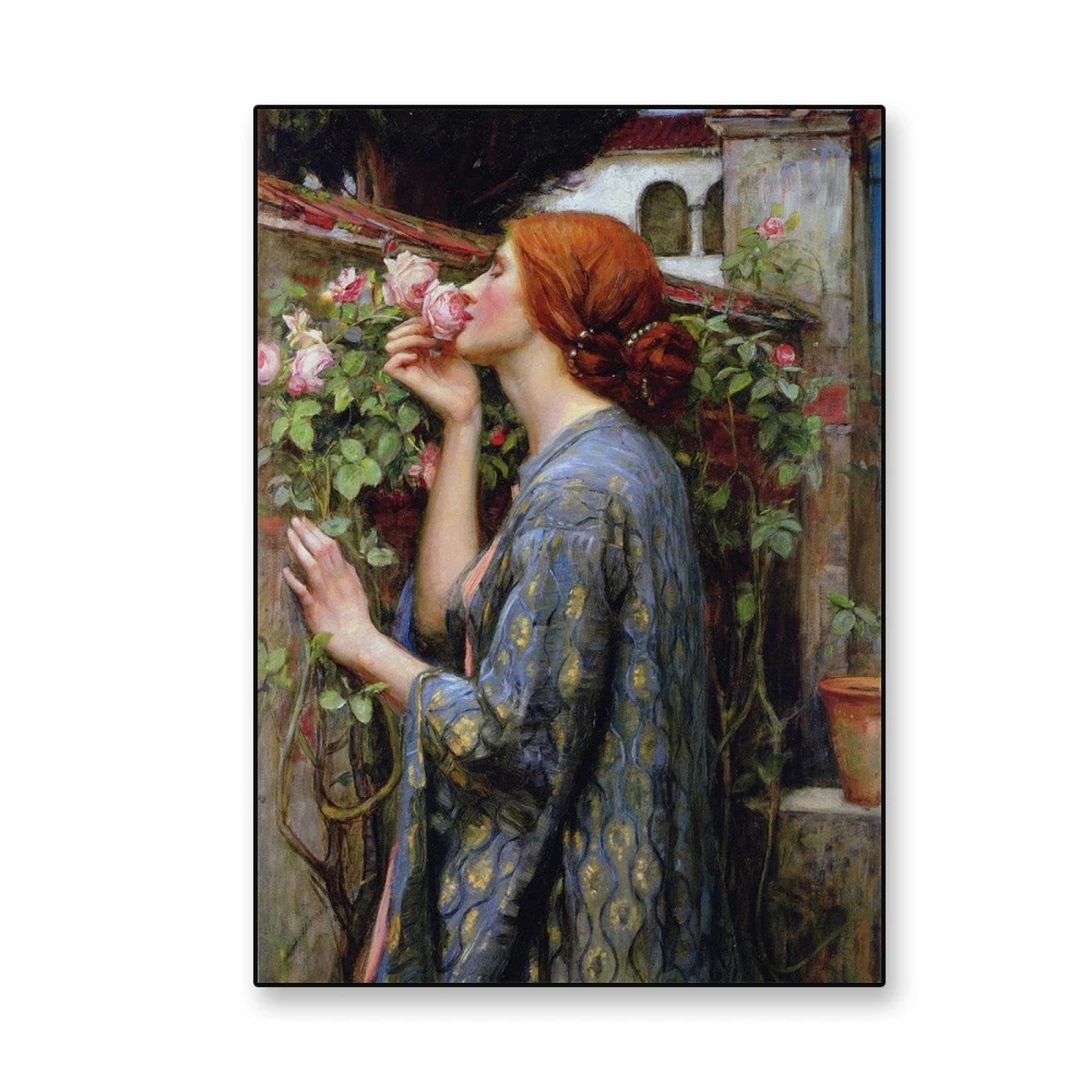 Vintage Ölgemälde Leinwanddruck 40x55 Cm – Landschaft Mit Rosen, Rustikale Wanddekoration