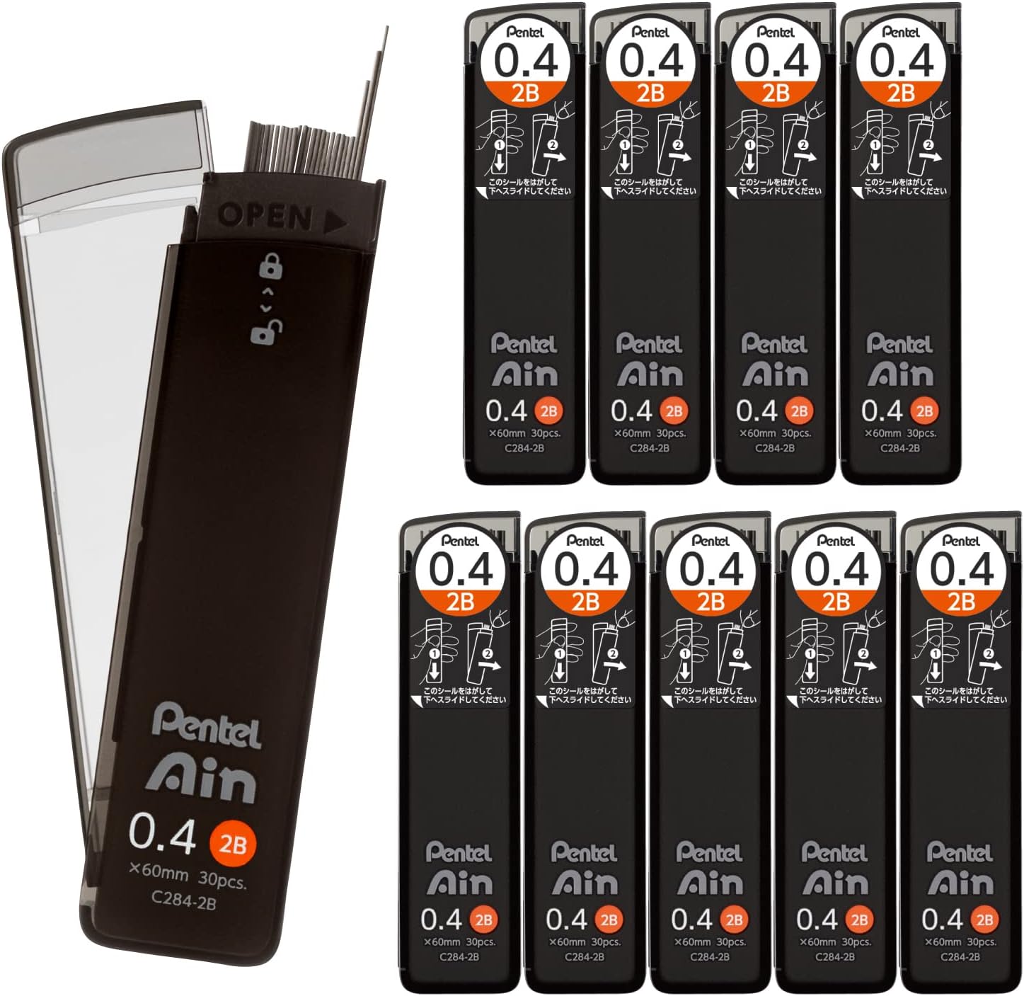 Pentel Ain C284-2B Mechanical Lead, 0.02 inches (0.4 mm), 2B, 10 Pieces