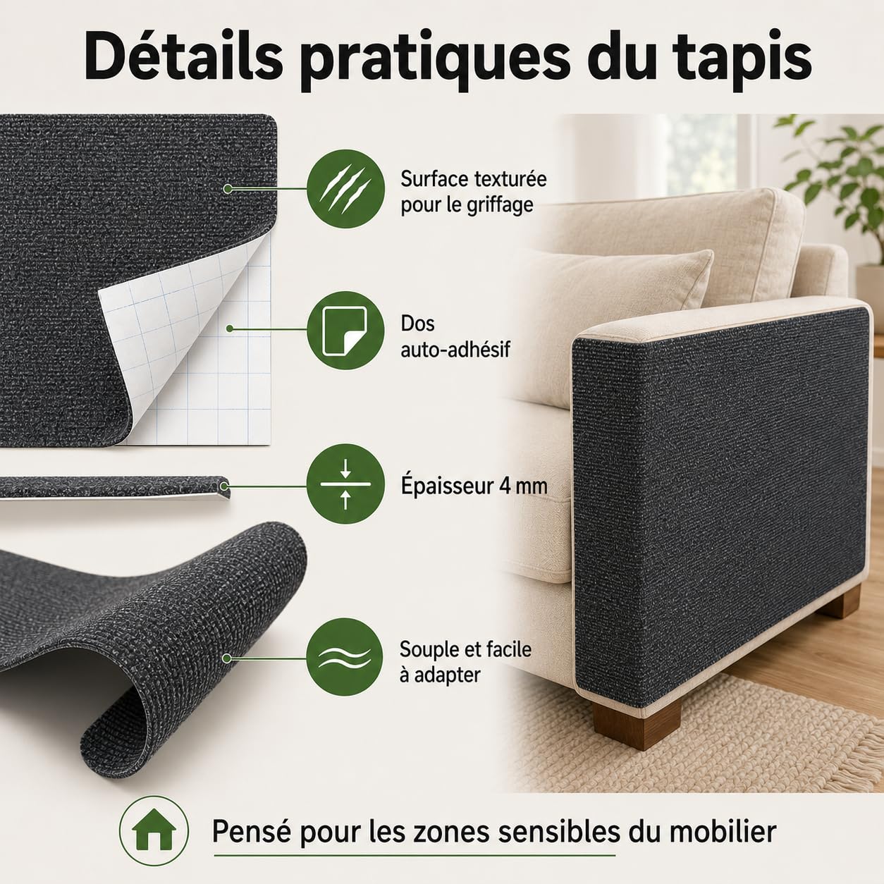 Protection Canapé Chat Anti Griffes, Griffoir Chat Canapé 200 x 40 cm, Tapis Griffoir Chat Autocollant à Découper, Protège Canapé Griffe Chat pour Meubles, Murs et Porte (Gris)