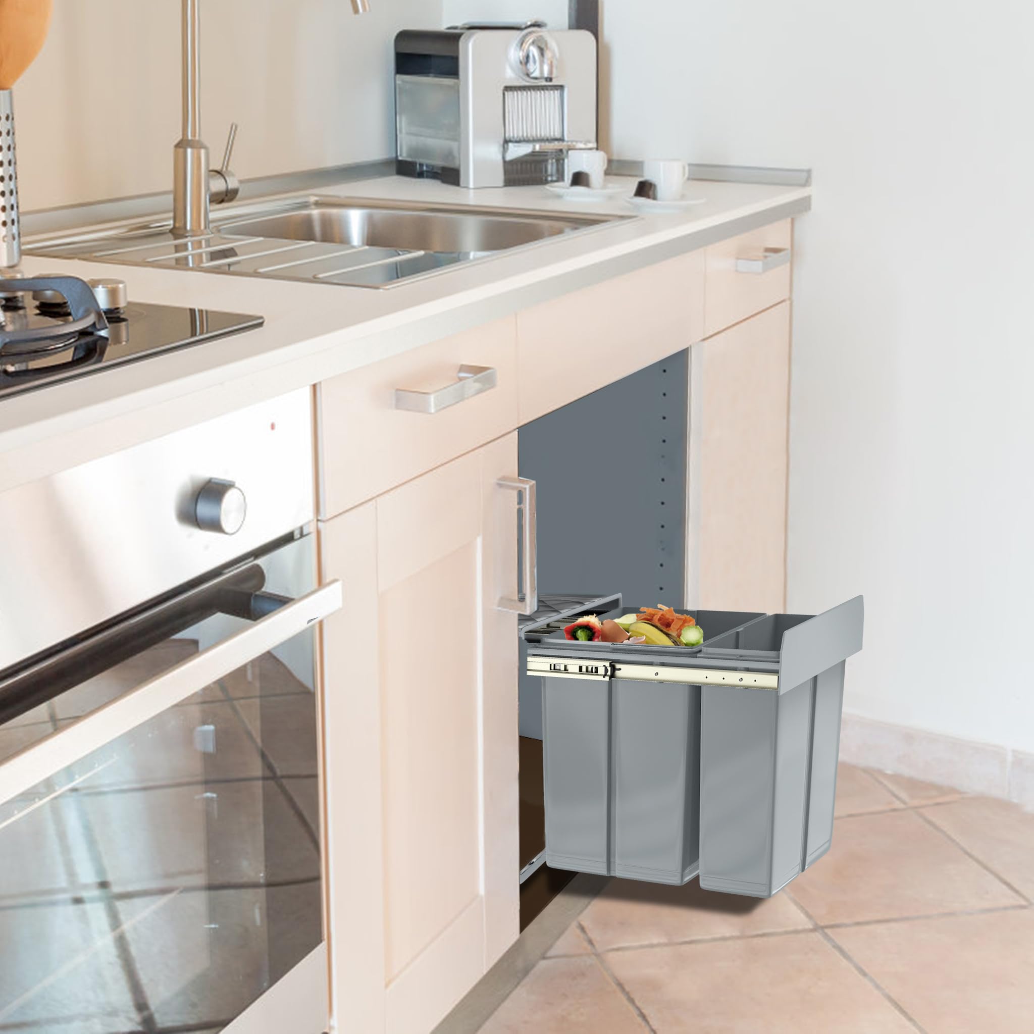 UISEBRT - Cubo de basura de cocina con cajón, cubo de basura empotrado, sistema de separación de basura con tobogán, plástico, gris【1x20L+1x10L】