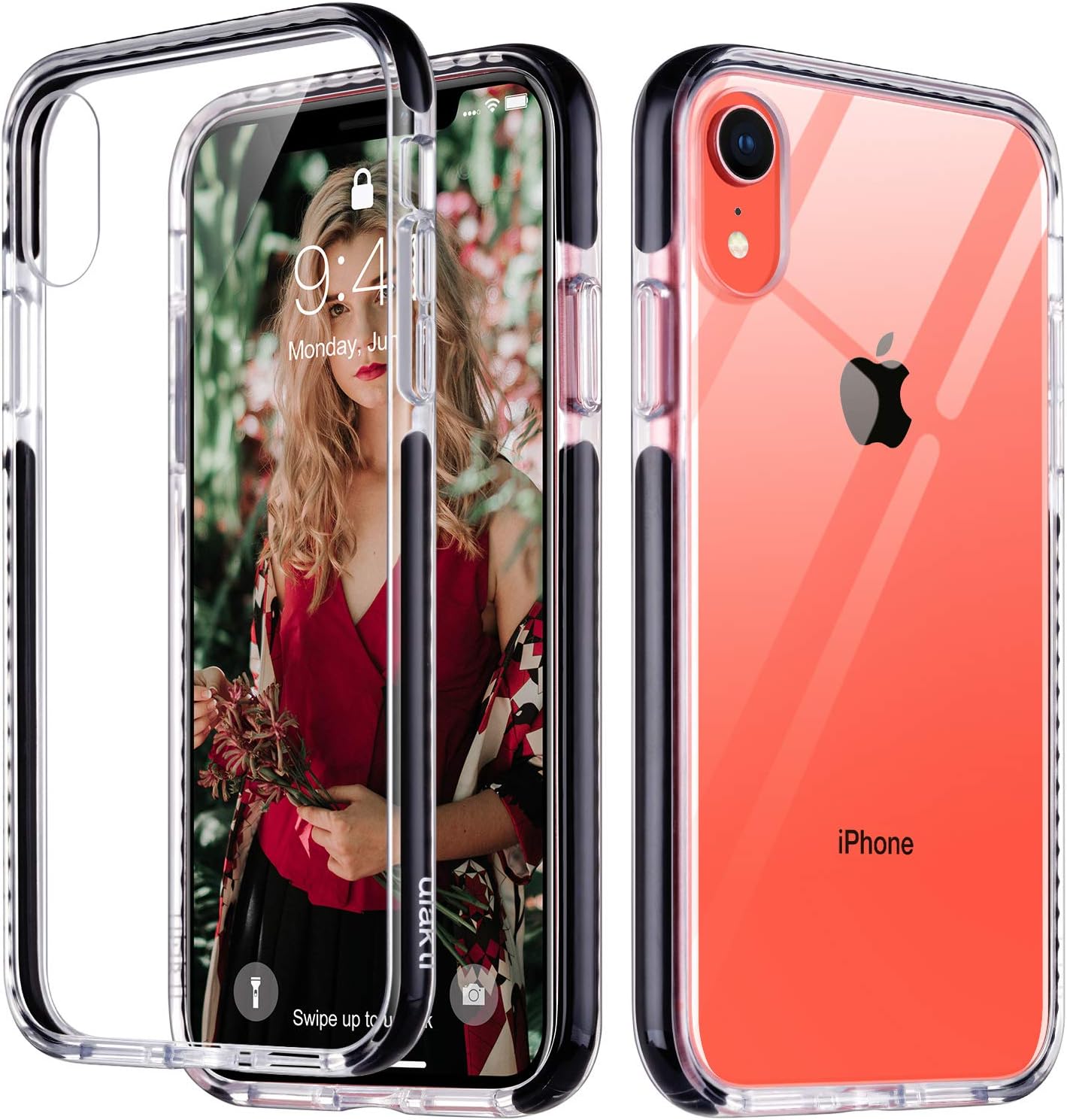 ULAK iPhone XR Case, Slim Fit Hybrid Hard Clear Back with Shock Absorption Bumper, Build in 4 Corners and Side Protection Anti-Scratch Protective Cases for iPhone XR 6.1 inch, Black