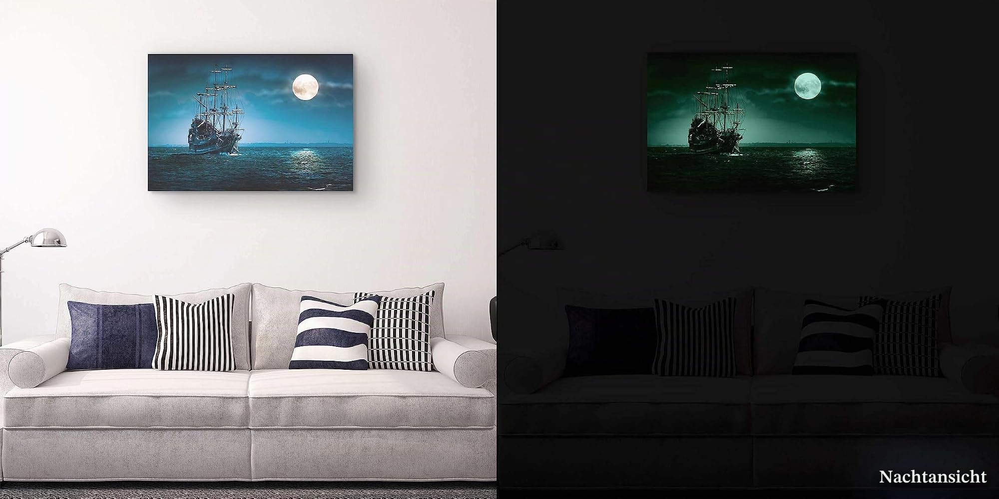 Startonight Bilder Schiff und Mond am Blauen Meer, Leinwandbilder Moderne Kunst, Landschaft Wanddeko Kunstdrucke, Wandbilder Schlafzimmer 60 x 90 cm, Tag Nacht Effekt, Elegante Geschenkidee Deko