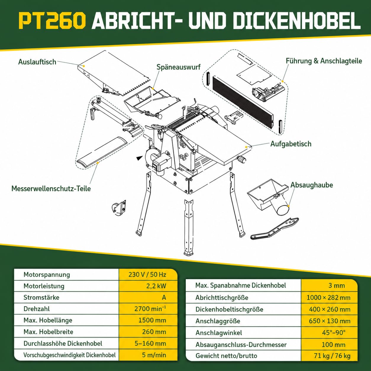 PT260A Hobelmaschine, Abricht- & Dickenhobelmaschine, 2200 W, 260 mm Hobelbreite, 160 mm Durchlasshöhe, 6500 U/min, 3 mm Spanabnahme, Abrichtanschlag, kompakt & mobil
