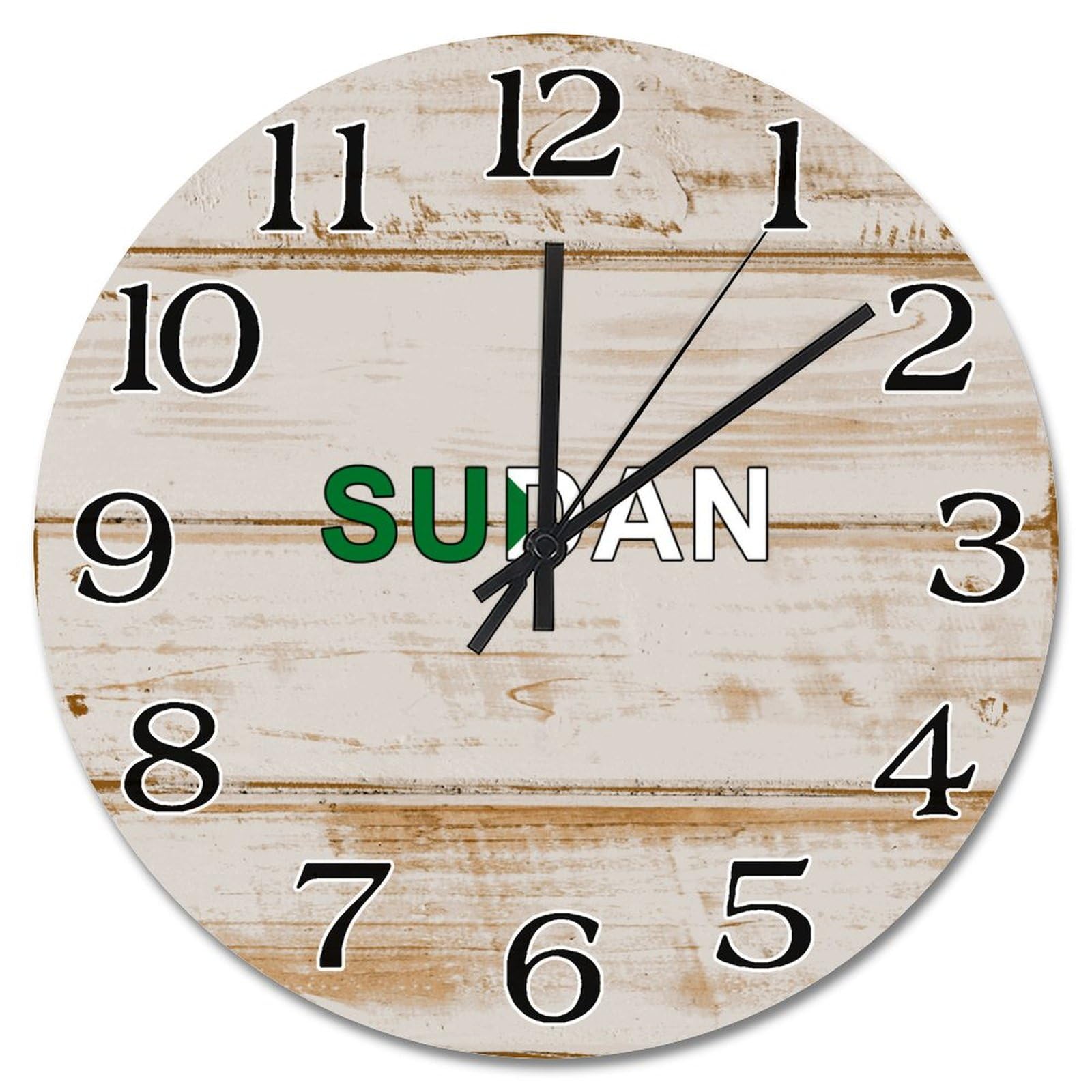 Horloge murale en bois drapeau Soudan 30cm silencieuse pour salon rustique