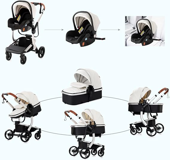 Magic ZC PU Leather 3 in 1 Pushchair Pram Travel System, Baby Stroller 3 in 1 with Reversible Two Pushing Modes, Newborn Infant Carriage One-Click Folding, Toddler Buggy Aluminum Frame (White 518)