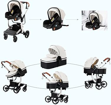 Magic ZC PU Leather 3 in 1 Pushchair Pram Travel System, Baby Stroller 3 in 1 with Reversible Two Pushing Modes, Newborn Infant Carriage One-Click Folding, Toddler Buggy Aluminum Frame (White 518)